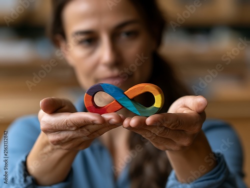 Woman holding rainbow wooden infinity symbol, symbolizing autism awareness, neurodiversity acceptance, lifelong support, cognitive inclusion, and unity.