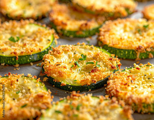 Zucchini breaded chips, sheet pan, closeup. AI