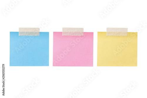 Sticky notes set with masking tape isolated PNG, blank blue pink and yellow memo sheets on transparent background, reminder paper mockup