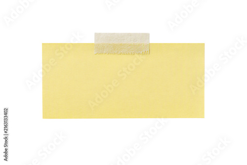 Rectangular yellow sticky note with masking tape isolated PNG, horizontal blank memo paper banner on transparent background, message note mockup