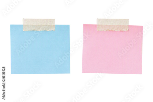 Sticky notes with masking tape isolated PNG, blank blue and pink memo paper on transparent background, office stationery mockup