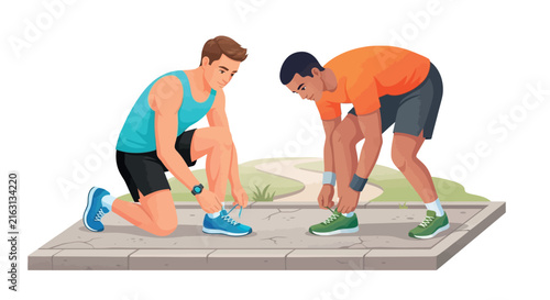 Two athletes tying shoelaces on a concrete surface vector illustration