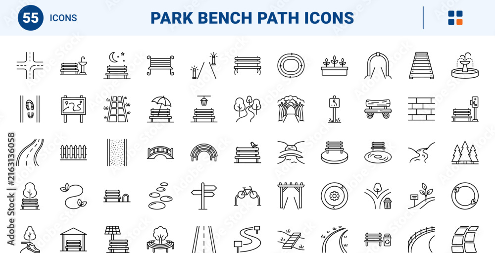 Naklejka premium Park Bench Path line icon set. Vector pictograms of walkway, seating, landscape, and trail elements, thin linear illustration.