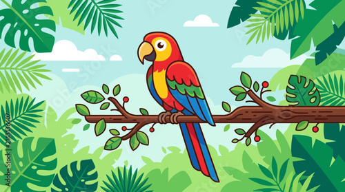 Colorful Tropical Parrot Perched on a Tree Branch in a Lush Green Jungle Forest Vector Illustration