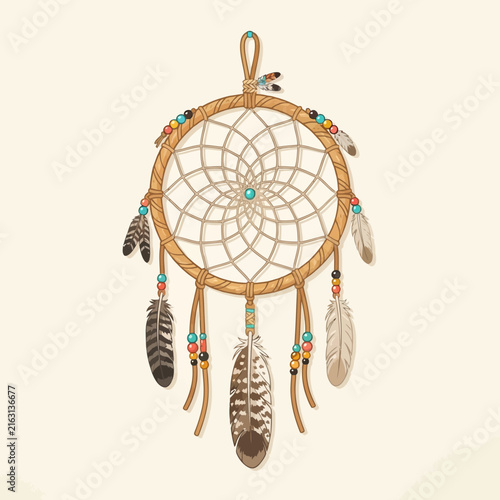Hand Drawn Native American Inspired Dream Catcher Illustration Featuring Feathers and Colorful Beads for Bohemian Decorative Art
