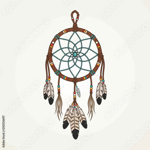 Hand Drawn Dreamcatcher Illustration with Ornate Feathers and Woven Webbing Pattern for Spiritual Decor and Tribal Inspired Artistic Designs