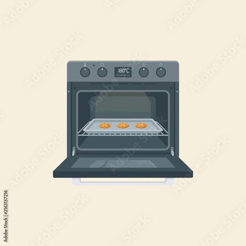 Modern Kitchen Oven Appliance with Freshly Baked Cookies on a Baking Tray Inside an Open Oven Chamber