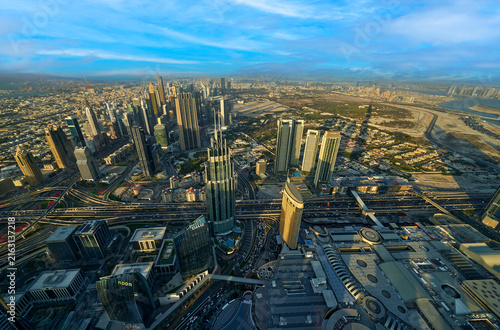 Aerial view on Dubai from Burj Khalifa tower at sunset, UAE  