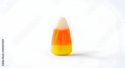 A single piece of candy corn standing upright on its white end, on a white background.
