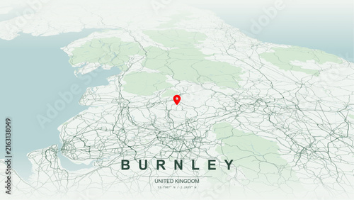 Minimalist vector map of Burnley, Lancashire, England. High-quality scalable illustration of Burnley geographic boundaries along River Calder, Leeds and Liverpool Canal contours for posters design.