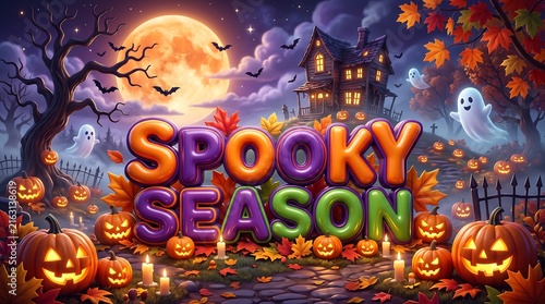 Spooky halloween season scene with jack o lanterns, ghosts, and haunted village under a full moon