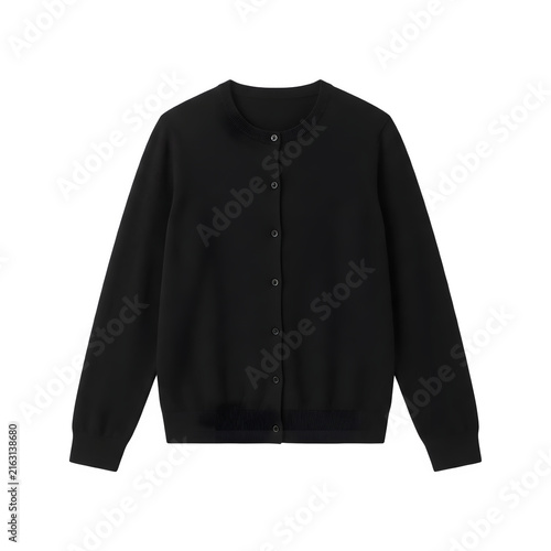 깔끔한 화이트 배경 위에 단추가 달린 클래식한 블랙 컬러의 여성용 라운드 넥 가디건
Classic black women's round neck cardigan product with buttons on a clean white background