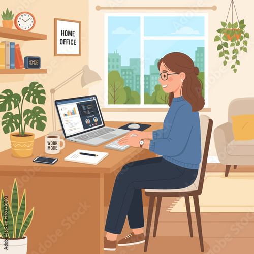 Woman Working Remotely at a Modern Home Office Desk with Laptop and Indoor Plants Near a Window