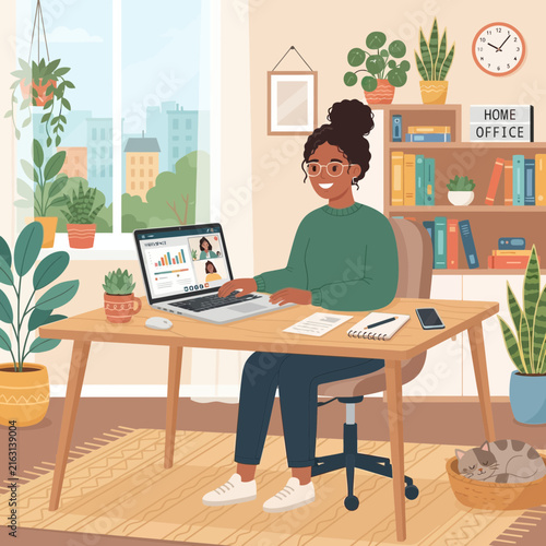 Young Professional Woman Working from Home Office Desk with Virtual Video Call Meeting on Laptop Computer