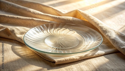 Textured rippled clear glass plate resting on a natural beige linen fabric