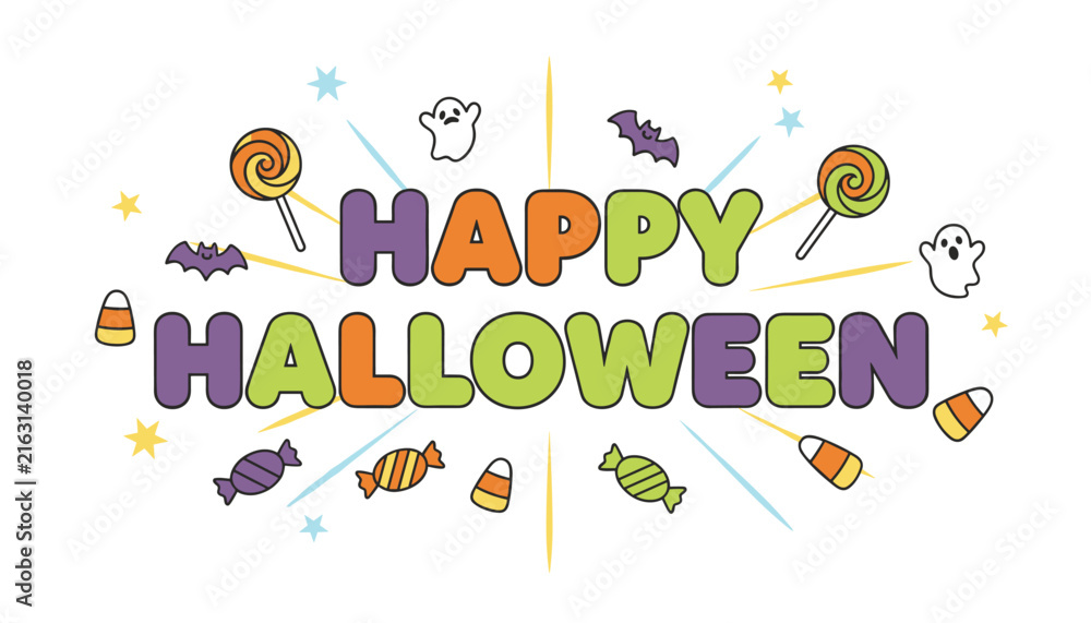 Fototapeta premium Festive Happy Halloween text design is surrounded by cute cartoon bats, candy corns, lollipops, and ghosts.
