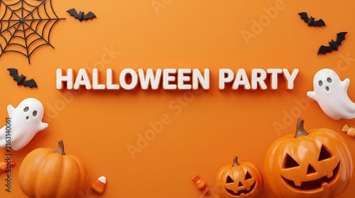 Halloween party illustration with jack o lanterns, ghosts, bats and spooky decorations