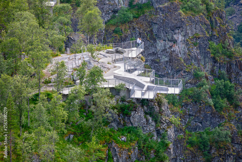 Photography Vøringsfossen Viewing Platform on Rocky Cliff in Eidfjord, Norway