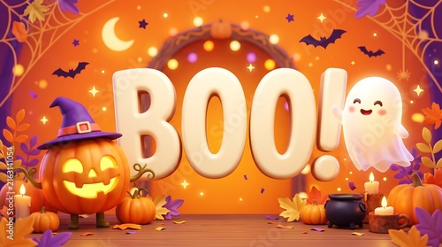 Happy halloween ghost and bat celebrating with colorful spooky background