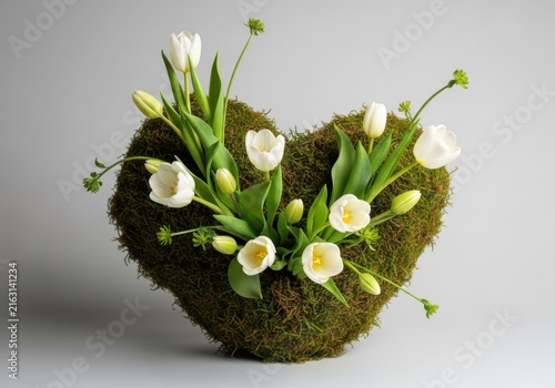 Heartshaped floral arrangement with white tulips on moss base