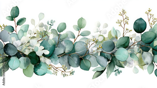 Hand-painted watercolor eucalyptus garland with soft green leaves and delicate branches for elegant decor
