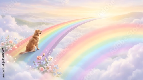 Rainbow Bridge Pet Memorial Banner with Dog in Heaven, Remembrance and Copy Space