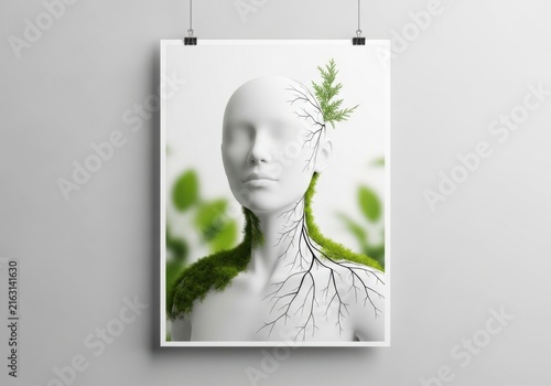 Abstract artistic sculpture of a human bust with moss and roots