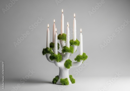 White candelabra with moss isolated on white background