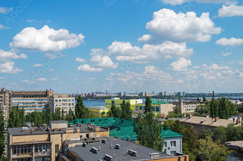 Birds eye view of city skyline and rooftops buildings