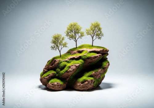 Miniature island with green trees and moss on a rock