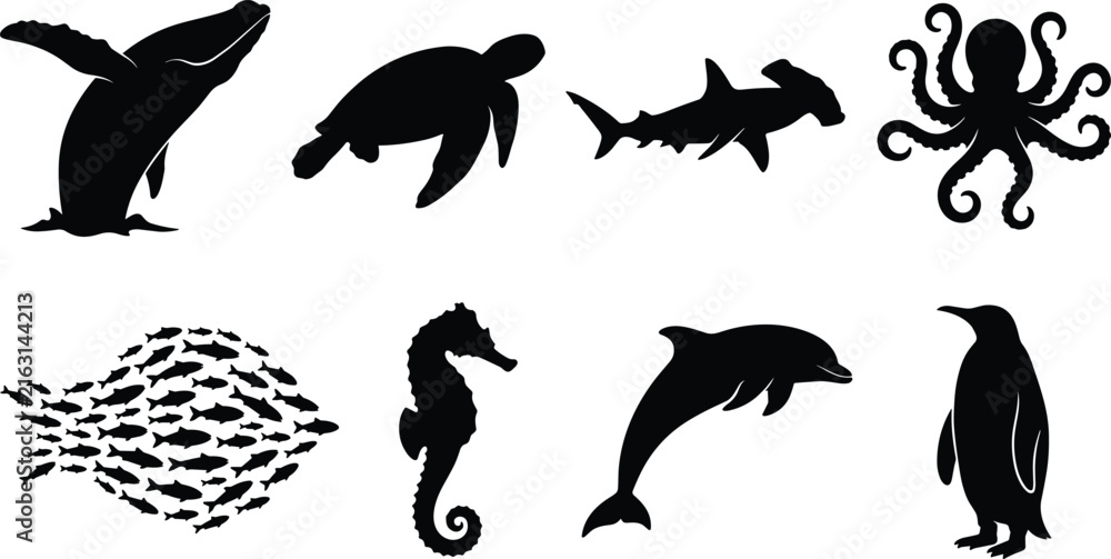 Obraz premium Sea Life Animals Black Silhouette Set Vector Collection for Marine Biology and Educational Design