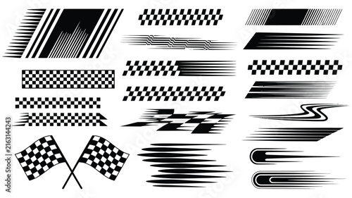 Racing stripes and checkered flag vector icons in black and white, motorsport speed elements, automotive graphics, racing decals, and competitive sports symbols for branding and design.