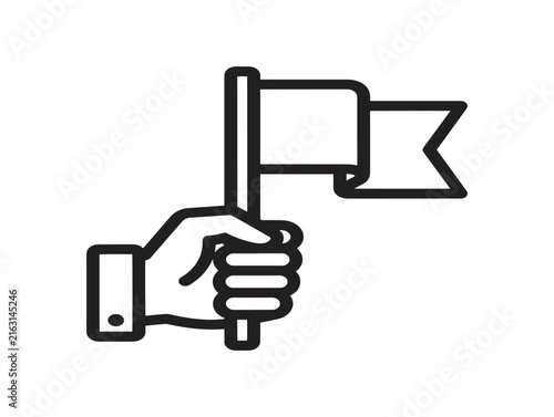 Hand holding a flag icon. Achievement symbol for business goals and leadership success.