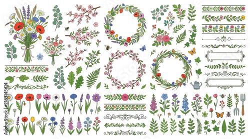 Colorful geometric wreath with flowers and leaves