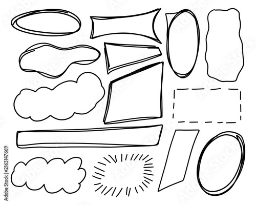 Set of hand drawn black outline frames and speech bubbles with oval, cloud, banner, and geometric shapes
