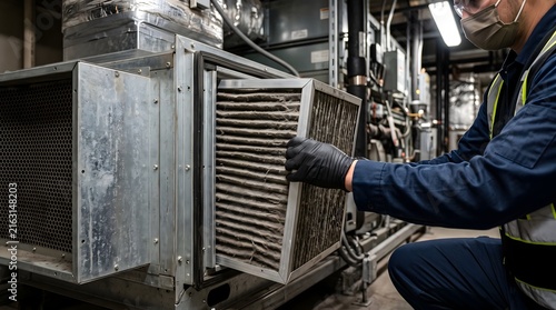 Technician replacing a dirty air filter in an industrial HVAC ventilation system.