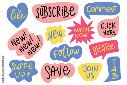 Set of colorful social media call-to-action speech bubbles with handwritten text