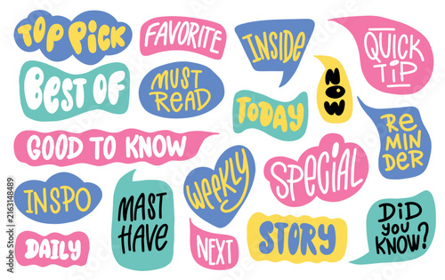 Set of colorful social media speech bubbles with trendy short phrases