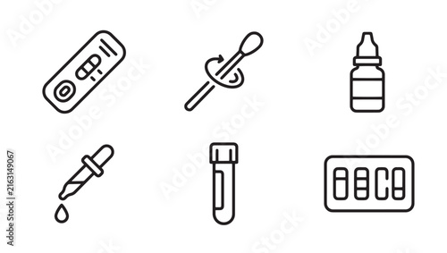 Set of medical diagnostic testing equipment and laboratory tools in outline style with diagnostic laboratory equipment healthcare collection illustration cassette analysis research clinical