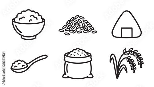 Set of rice grain food icon illustrations in outline vector style with collection pictogram agriculture nutrition ingredient illustration