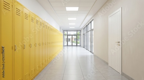 Bright yellow lockers and a white door in a modern school corridor.