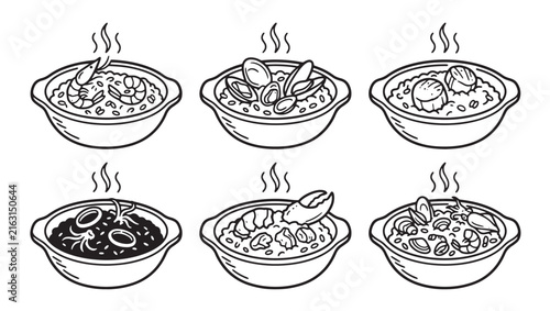 Set of outline icons depicting various seafood dishes in bowls with steam shellfish restaurant ingredient collection illustration monochrome delicacy