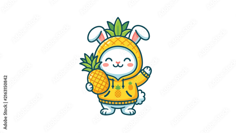 Naklejka premium Cartoon bunny in pineapple hoodie holding tropical fruit.