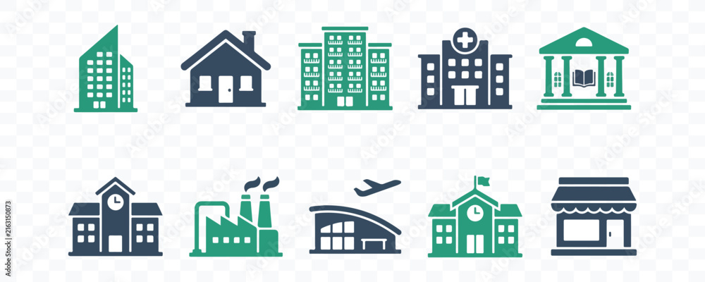 Fototapeta premium Collection of modern architecture and urban building vector icons with building architecture apartment hospital structure property construction graphics