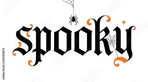 The word spooky in decorative gothic style lettering with a spider and sparkles