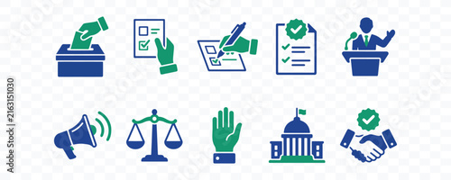 Set of government voting election and law vector icons with election government politics democracy document megaphone building graphics collection