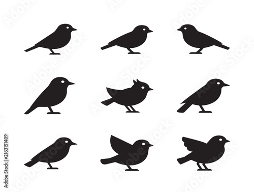 Bird silhouettes icon set. Collection of small songbird vector graphics for design.