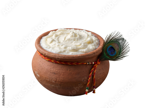 Hyper-realistic traditional Indian clay matki filled with fresh creamy white makhan, isolated as a clean transparent PNG element for Janmashtami and Krishna festival designs.