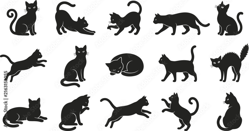 Fototapeta premium Collection of various black cat poses for holiday design projects featuring a distinct and decorative artistic halloween cat style silhouette