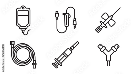 Medical infusion tubes and syringe accessories vector icons with infusion healthcare hospital medicine equipment illustration collection handdrawn catheter connector treatment clinical